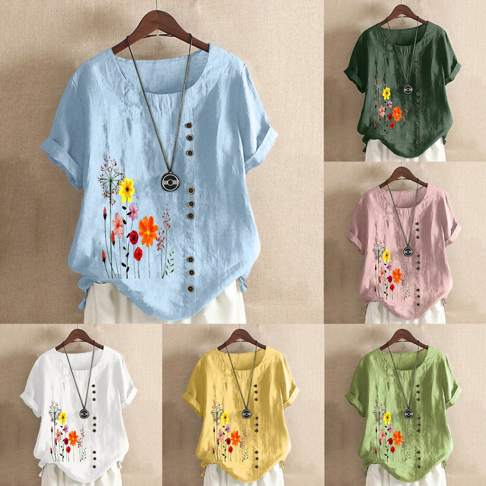 2024 Zomer Linnen Damesoverhemden Vintage Losse T-Shirt Gebloemde Ronde Hals Blouses Dunne Knoop Tops Blusas Para Mujer