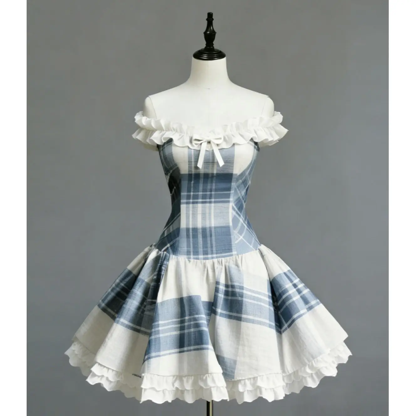 Japanese Sweet Vintage Off Shoulder Mini Dress Women Blue Plaid Ruffle Bow Korean Chic Waist Cinched New 2026 Daily Casual Dress