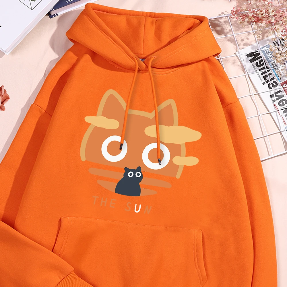 The Sun Orange Cat Fun Hoody Woman Fashion Fleece Sweatshirt Casual S-XXL Hooded Autumn Oversized Clothing