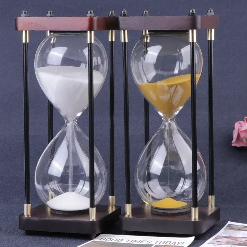 

15/30/60 Minutes Wooden Frame Glass Hourglass Metal Edge Four-column Sandglass Timer Creative Sand Clock Home Desktop Decoration