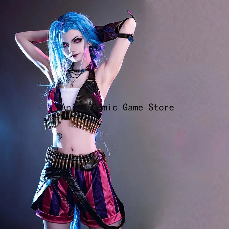 In Stock S-XL Jinx Cosplay Costume Wig Tattoo Sticker Full Sets Anime Game League of Legends Halloween Party Outfits for Girls