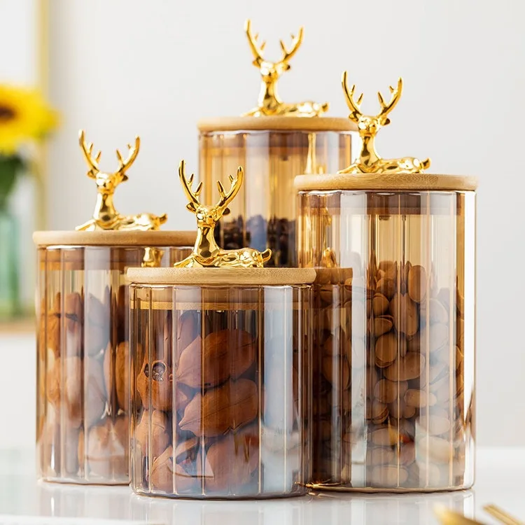 

Nordic Transparent Glass Jar High Borosilicate Glass Grain Storage Jar Golden Deer Head Bamboo Cover Dried Fruit Storage Jar