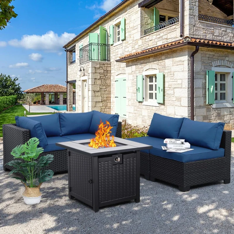 

Outdoor Patio PE Wicker 5 Piece Furniture Set, Black Rattan Sectional Conversation Sofa Chair with Square Propane Fire Pit Table