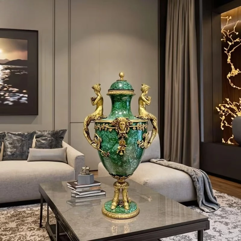 

European high-end binaural Muse storage tank desktop decoration, luxury antique emerald brass porcelain bottle home decoration