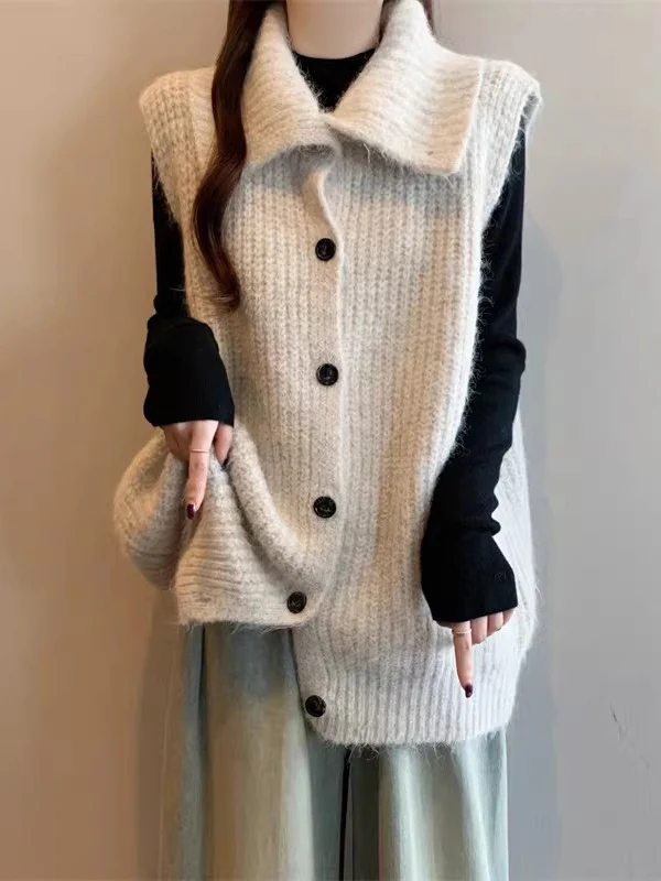 Ladies Knitted Vest Outerwear  Collar Medium Length plus Size Early Autumn New Style Layering Tank Top Commute Style
