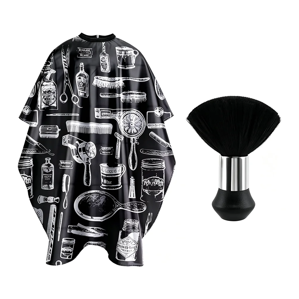 Barber Cape Set Black Waterproof & Anti-Static Cape with Vintage Print Includes Neck Duster Brush Professional Tools