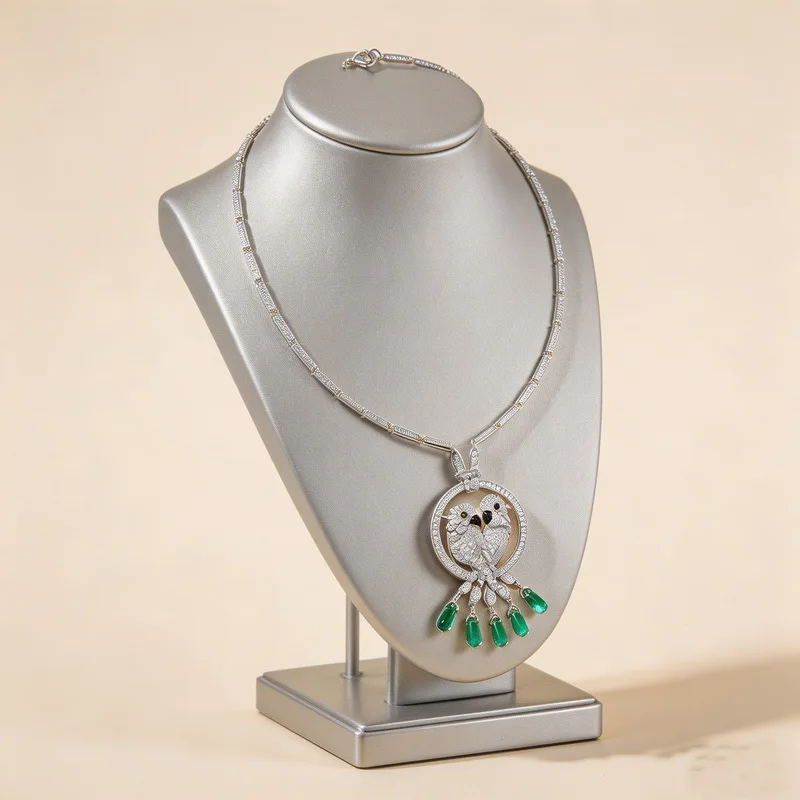 Vintage Fashion Style Necklace Women Lady Cubic Zircon Two Parrots Green Water Drop Tassels Pendant Collarbone Chain Jewelry