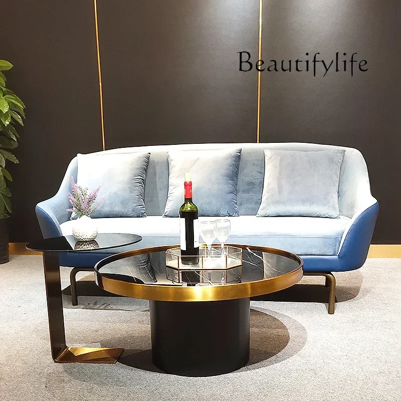 

D25 round tea table combination living room tempered glass natural rock slab small coffee table light luxury modern