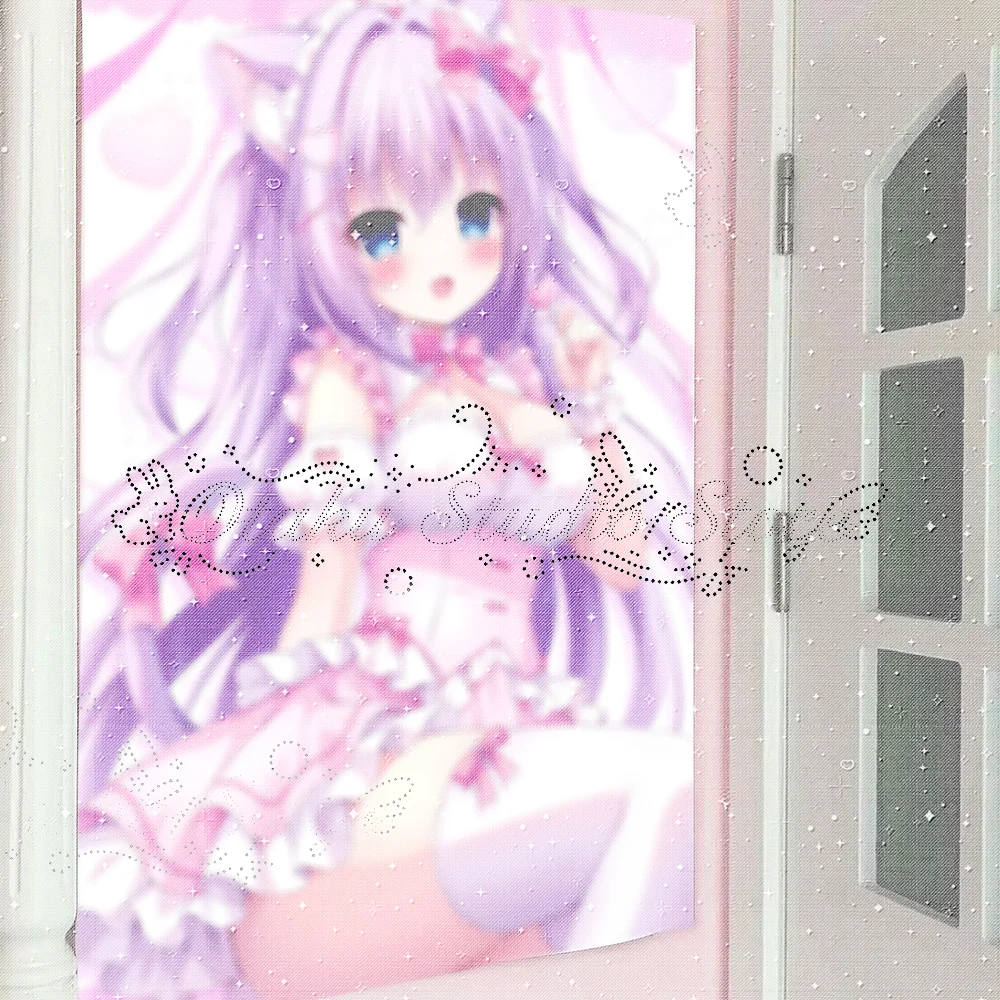 やみかわいい Yami Kawaii Galgame Purple Cat Ear Maid Girl Wall Tapestry ハラジュク Harajuku Rorita Pink Bow Heart Lollipop Anime Decor Poly