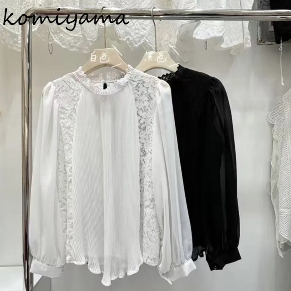 

Lace Spliced 2025 Shirts Blouses Pleated Blusas Mujer Long Sleeve Woman Clothing Stand Collar Ropa Autumn Temperament Camisas