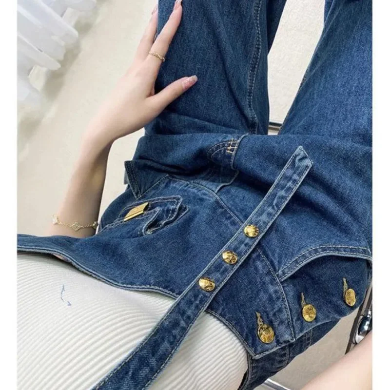 Asymmetric Denim Pants Waist Bag Overalls Girl Autumn Retro Metal Buckle Cotton Versatile Wide Leg Loose Floor Mop Commute Pants