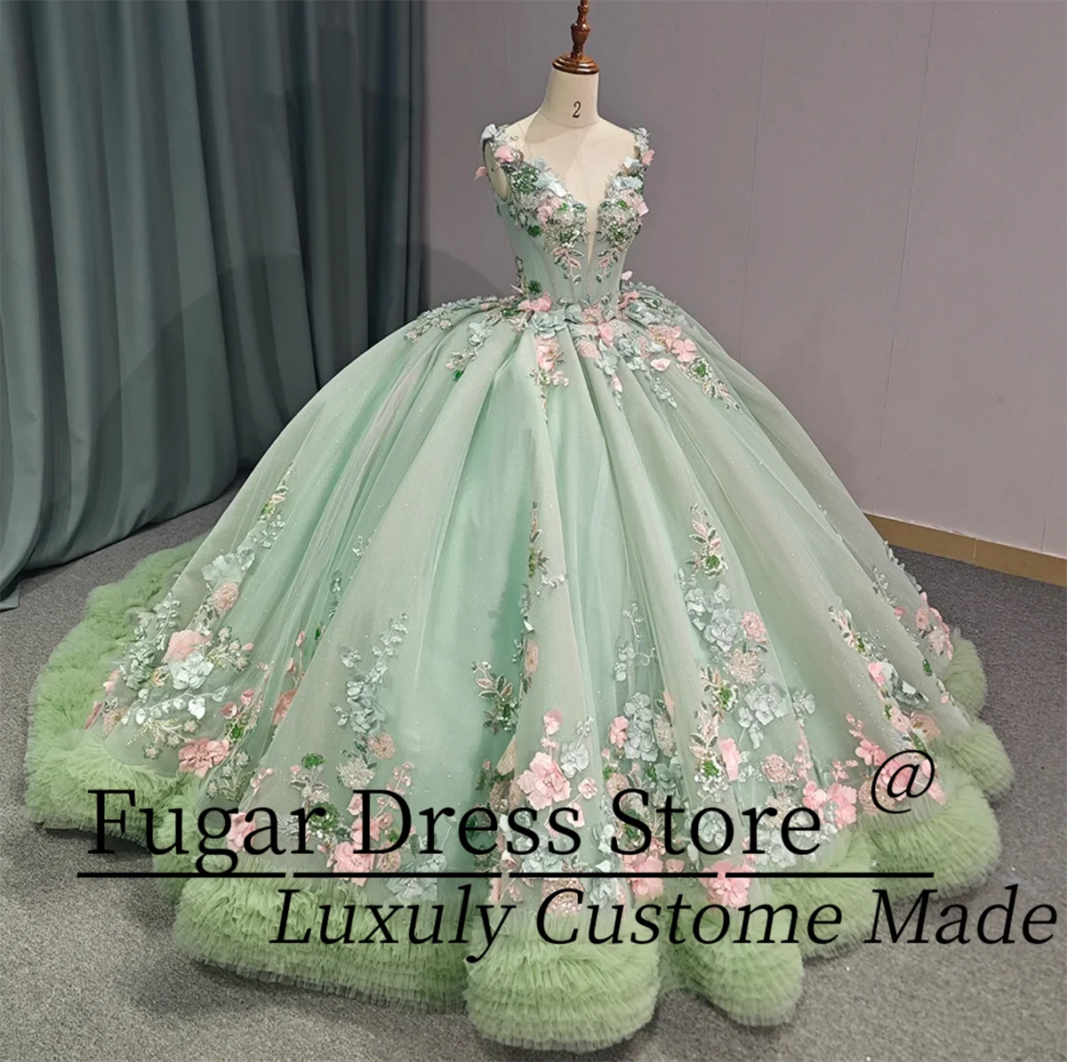 Robe de Quinceanera verte personnalisée, fleurs 3D, décorations de perles scintillantes, robes de bal à lacets dans le dos, 15 quinceañera