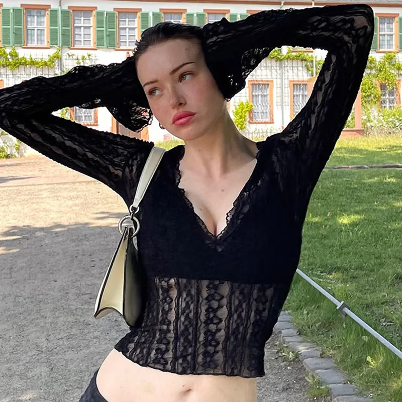 

Talenza Sexy V-neck Lace Hollow Out Long Sleeve Crop Top Autumn Black See Through Slim Top Fashion High Street Women Clothing