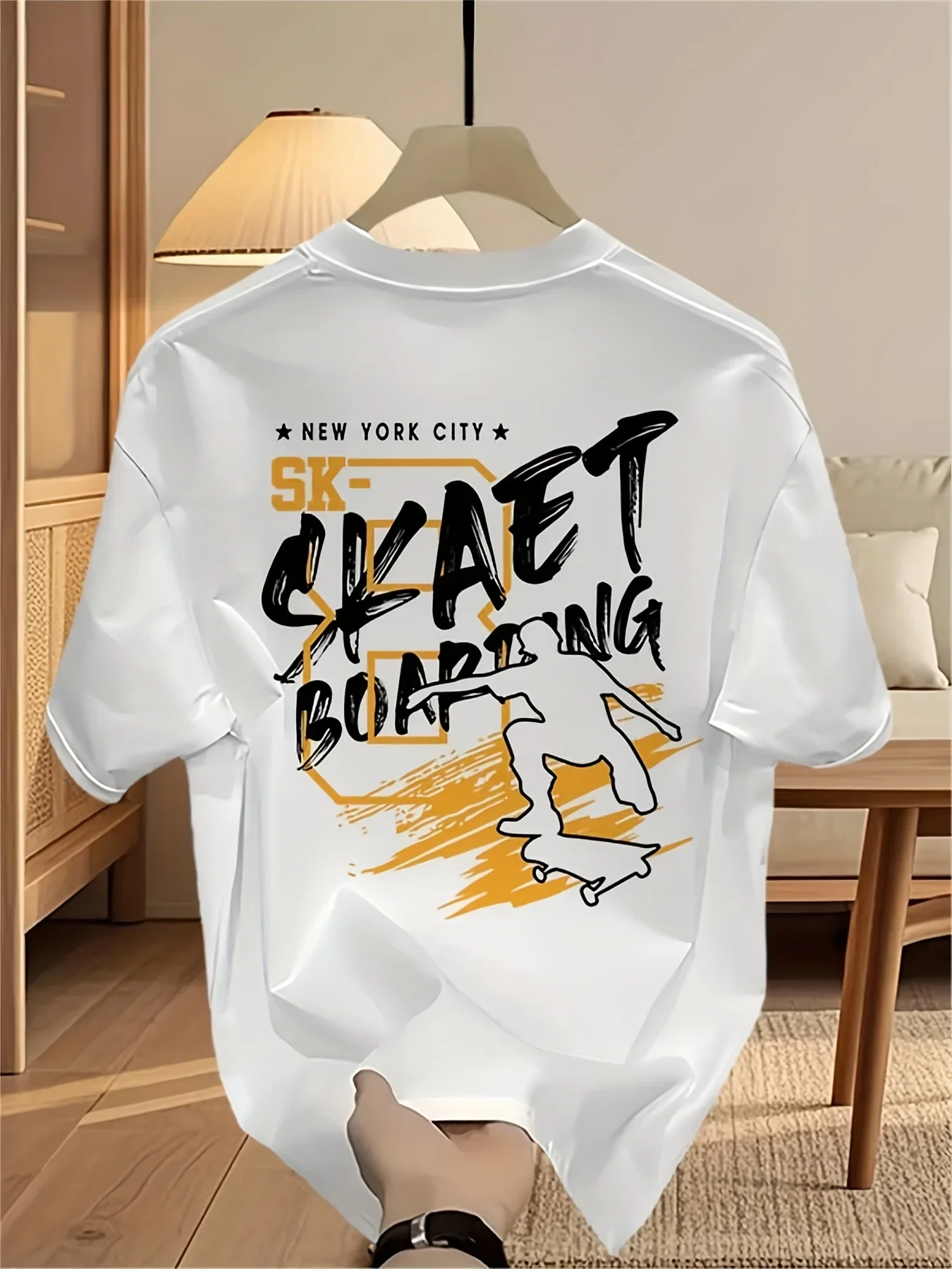 Men Pure Cotton Tshirt Vintage New York Skate Culture Rough Handwritten Slogan Print Oversized Casual Short Sleeve Tops