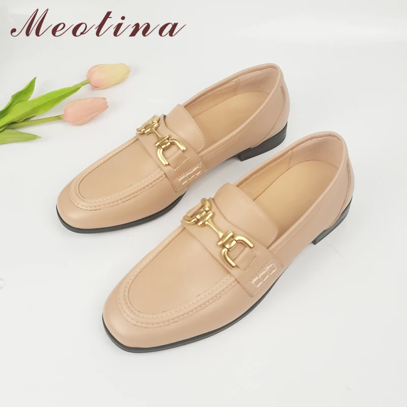 

Meotina Women Genuine Leather Loafers Round Toe Flats Metal Decoration Ladies Fashion Casual Shoes Spring Autumn Brown Black