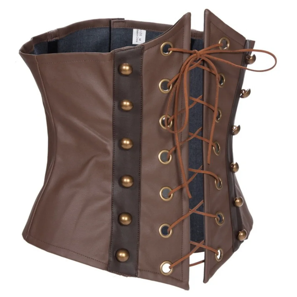 Brown Steampunk Corset Underbust Gothic Faux Leather Under Corset with Vintage Buttons Waist Lace-up