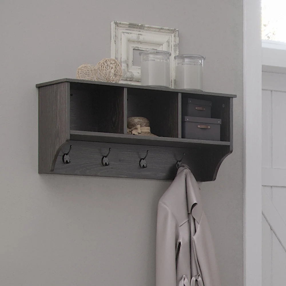

Woodbury Wall Coat Rack Storage with Hooks Open Cubbies Entryway Organizer Hallway Weathered Woodgrain Durable Easy Assembly