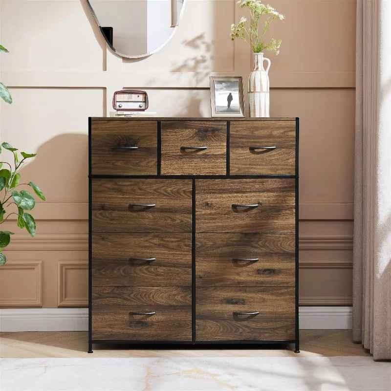 

9 Drawer Dresser with Fabric Storage, Brown