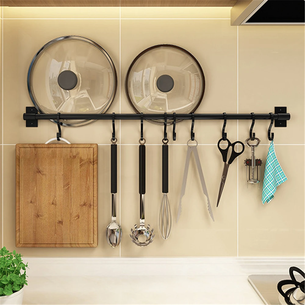 Kitchen Hook Organizer Wall Hanger Spatula Spoon Lid Holder Black Movable Hooks Utensil Storage Rack Cooking Tools Hanging Rod