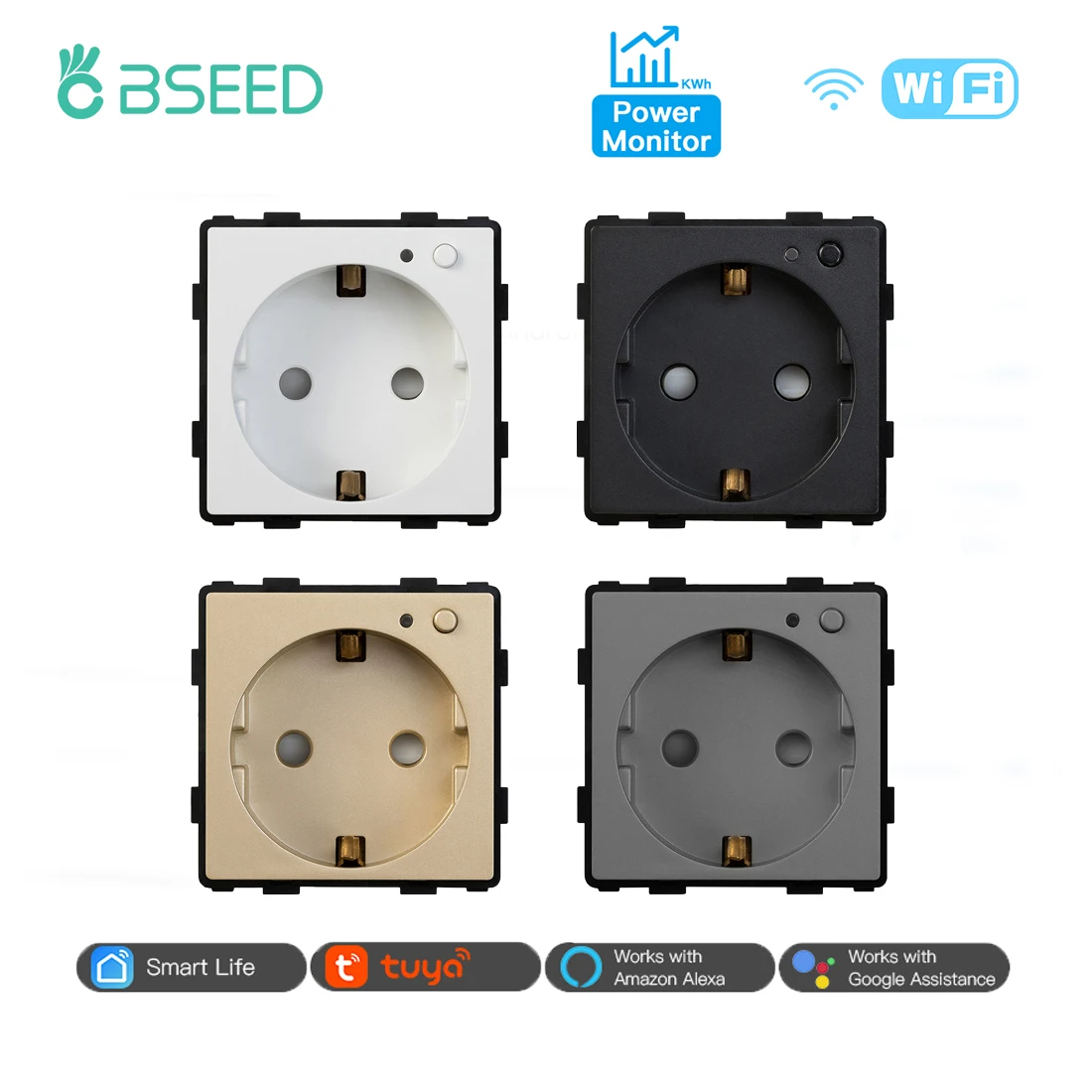 BSEED EU Stanndard Wifi Electrical Sockets Power Monitor Outlets Tuya Smart Life Alexa App Control Timing Function DIY Parts