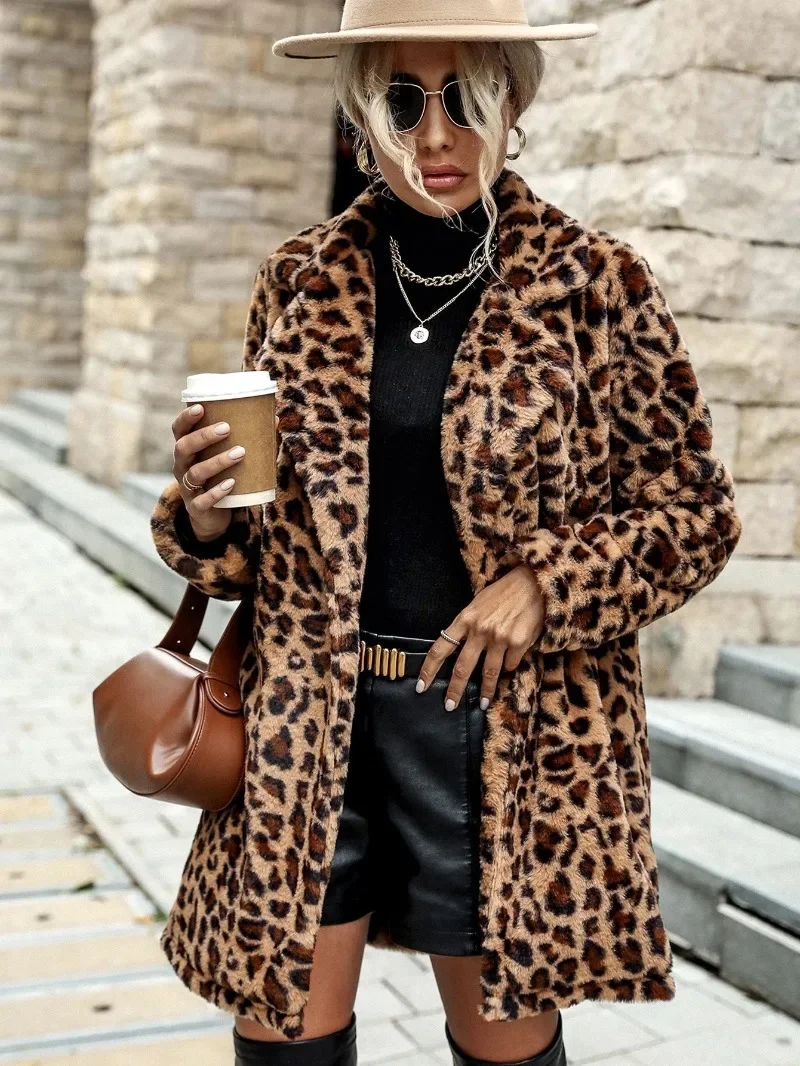 GUWU Winter New Women's Coat Leopard Print Long Sleeve Fur Warm Coat Street
