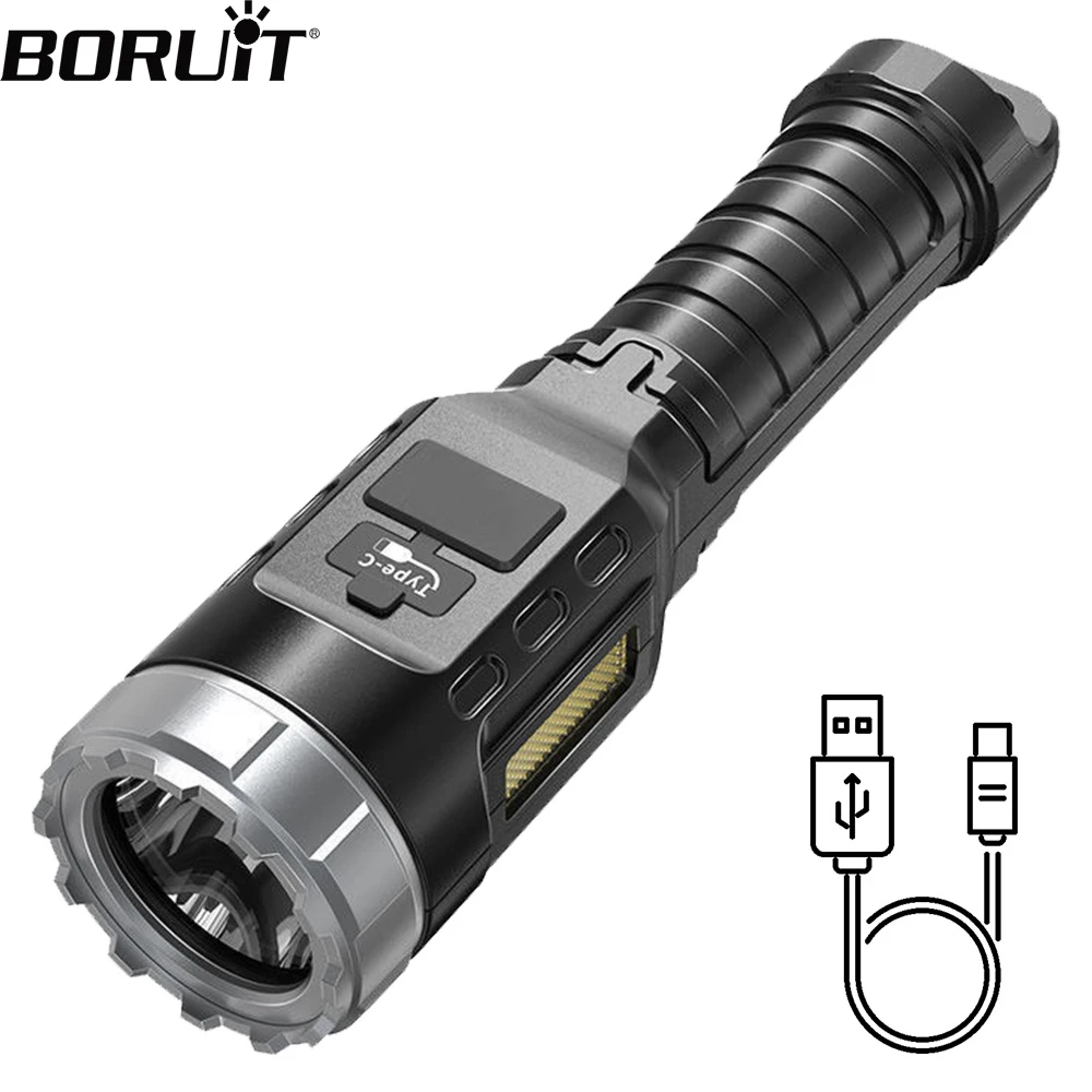 BORUiT Powerful LED Flashlight Type-c Rechargeable Power Bank Tactical Torch Waterproof Camping Emergency Lantern