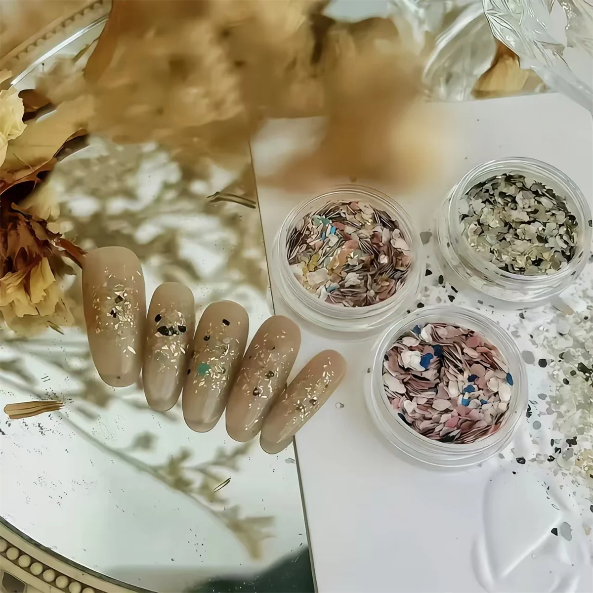 1 pieza de concha de polvo para uñas, lámina de platino, accesorio decorativo, amuleto para uñas, creación artística, fiestas diarias, festivales, estilo japonés coreano