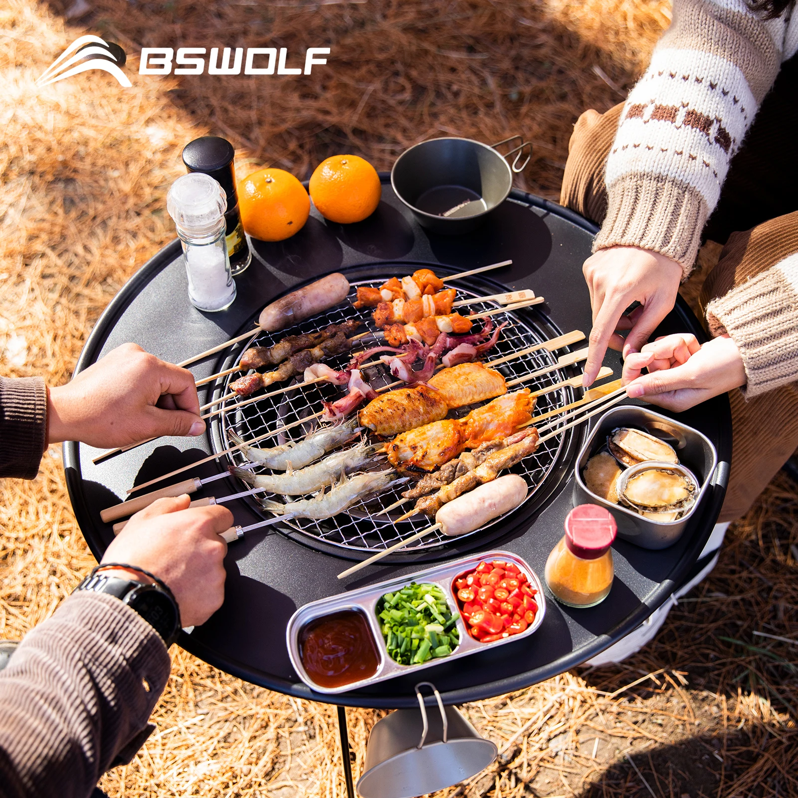 BSWolf Folding Barbecue Round Table Iron Stove Portable Camping BBQ Charcoal Grill With Storage Bag Patio Tea Boiling