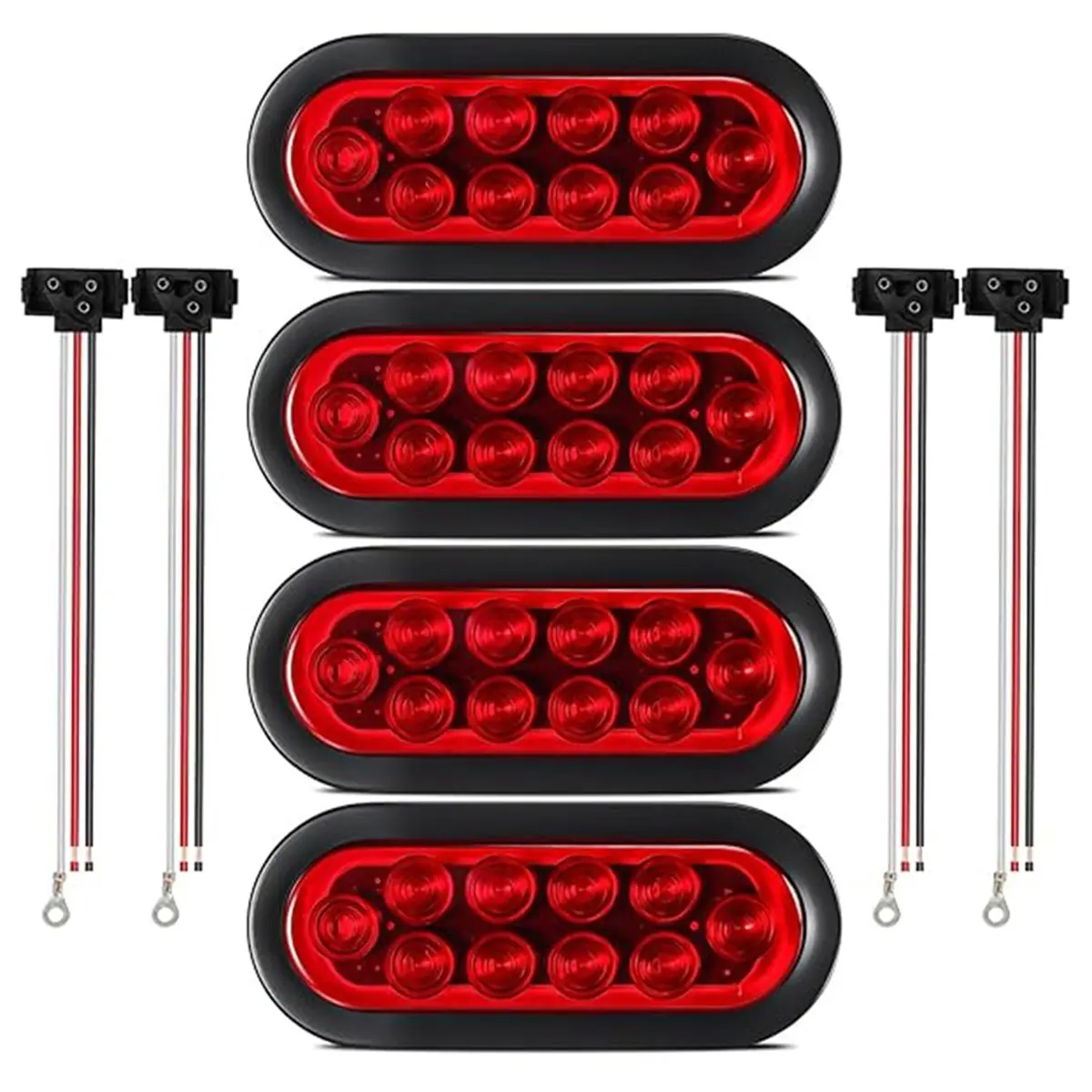 Compatible 4-Piece Trailer Truck LED Sealed Red 6-Inch Oval Stop/Turn/Tail Light Flush Mount Waterproof Includes 3-Pin Waterproo
