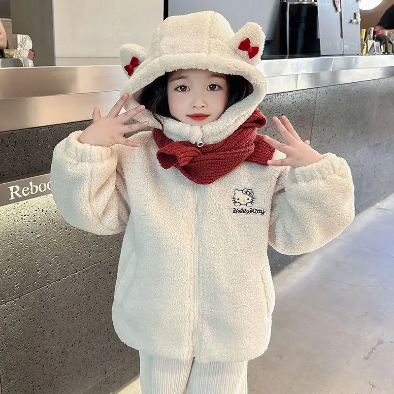 Zimowa nowa aksamitna kurtka Sanrio Hello Kitty Cartoon Child Girl Keep Warm Fleece Sweatshirt Hello Kitty Kuromi Kawaii Fashion