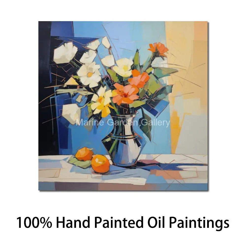 

Абстрактная картина маслом с синими кубами и цветами, ручная роспись на холсте, современное цветочное искусство для декора стены в столовой или ванной комнате