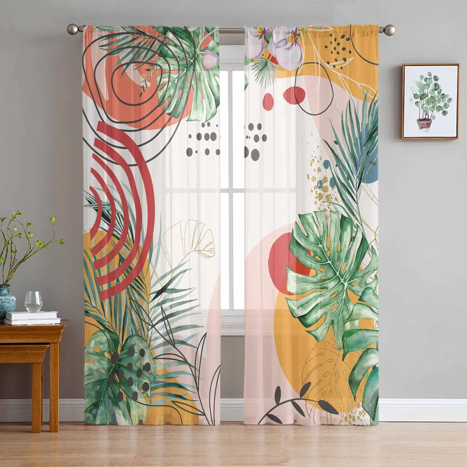 Summer Palm Leaves Abstract Art Sheer Tulle Curtains for Living Room Valance Curtains Kitchen Bedroom Window Voile Drapery