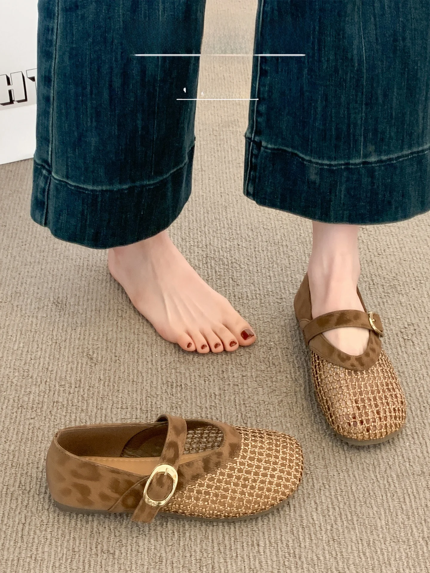 レトロレオパード柄メリージェーンレディースシューズ夏の新作メッシュ中空織りフィッシングネットスリッポンサンダル快適なラウンドトゥ