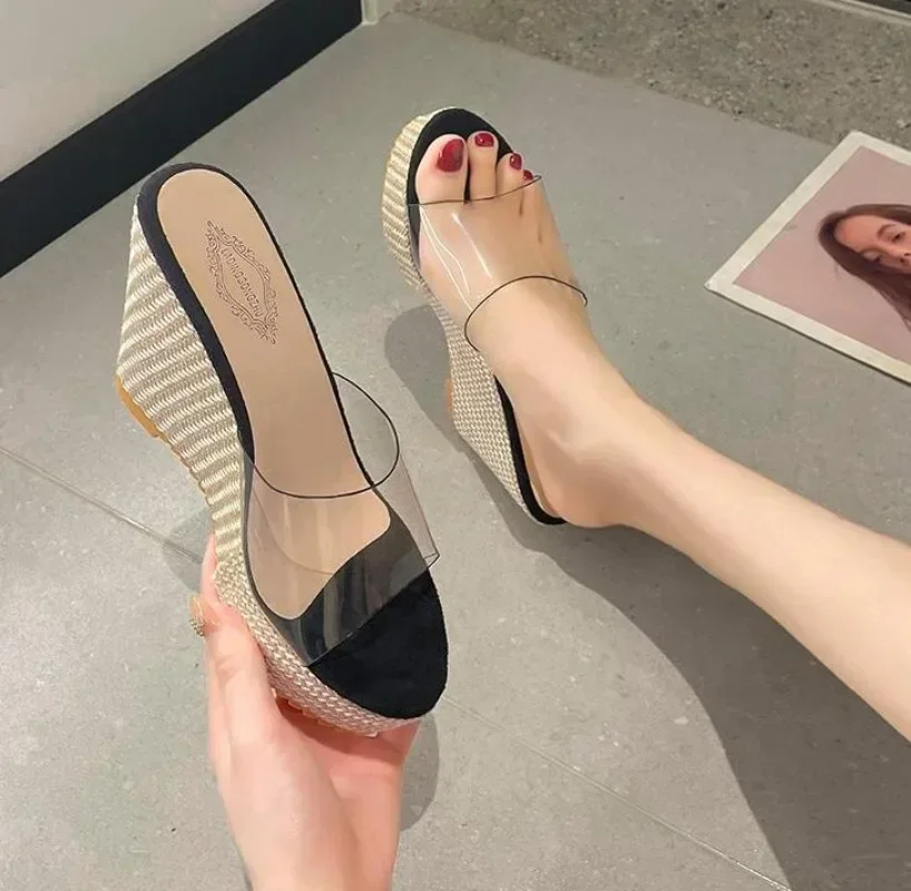 2024 Women Shoes High Heels Transparent Slippers Low Platform on A Wedge Women Heels Slides Block High Soft Casual Rome  Sandals