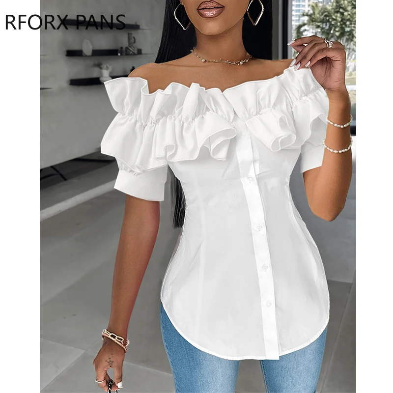 2024 Women Buttoned Ruffles Asymmetrical Hem Top