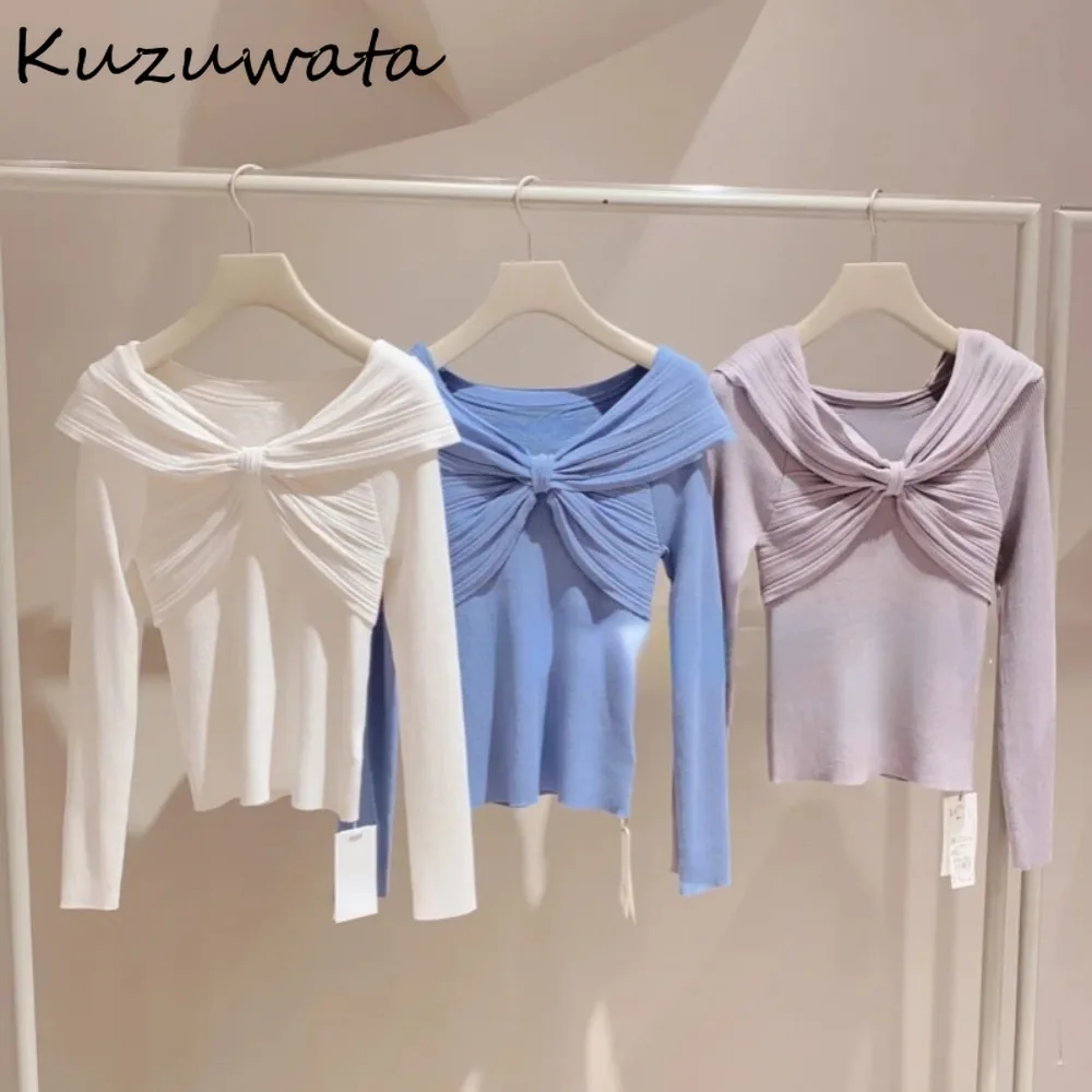 Kuzuwata Casual Slash Neck Long Sleeve Sweet Pullovers Elegant Slim Fit Solid Cross Knitted Japan Knit New Moda Ruched Jumper