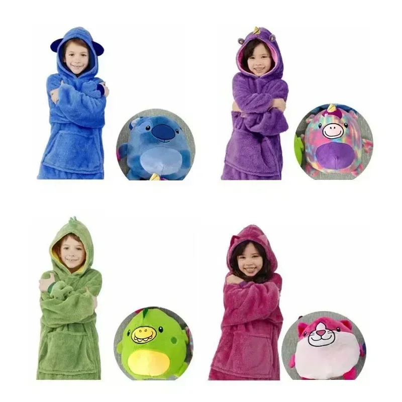 Children's Cartoon Pets Hoodie Blanket Kids Lazy Pillow Pajamas Pullover Clothes Wearable Hooded Coats for Boys Girls Pajamas