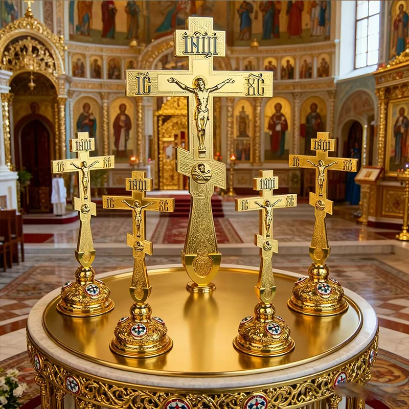 New2026 Orthodox Church Altar cross Jeusu Crucifix Cross with Enamel Handhold Cross with Base Religious Gift & Church Home Decor