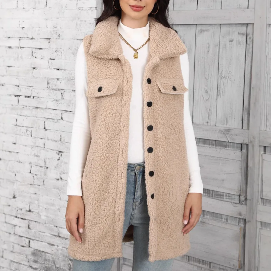 Y2K Autumn and winter lapel sleeveless women's loose pointed hair bubble cardigan button pocket plush vest