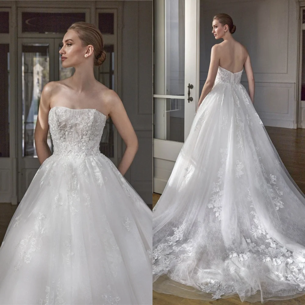 

Customized Exquisite White Organza Wedding Dress Elegant Strapless Sleeveless Bridal Party Temperament Zipper Back Bridal Gowns