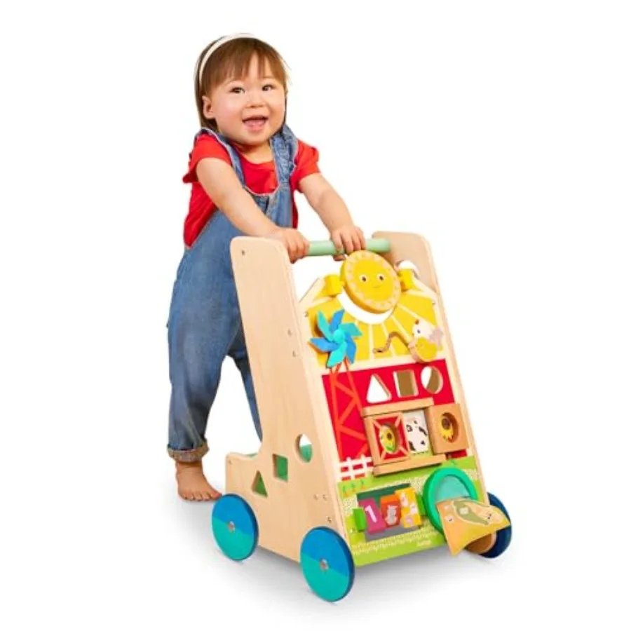 

Wooden Activity Walker for Toddlers Farm Theme Natural Wood Multi-Color 9 Educational Activities Stand Push Walking Toy for 1 Y