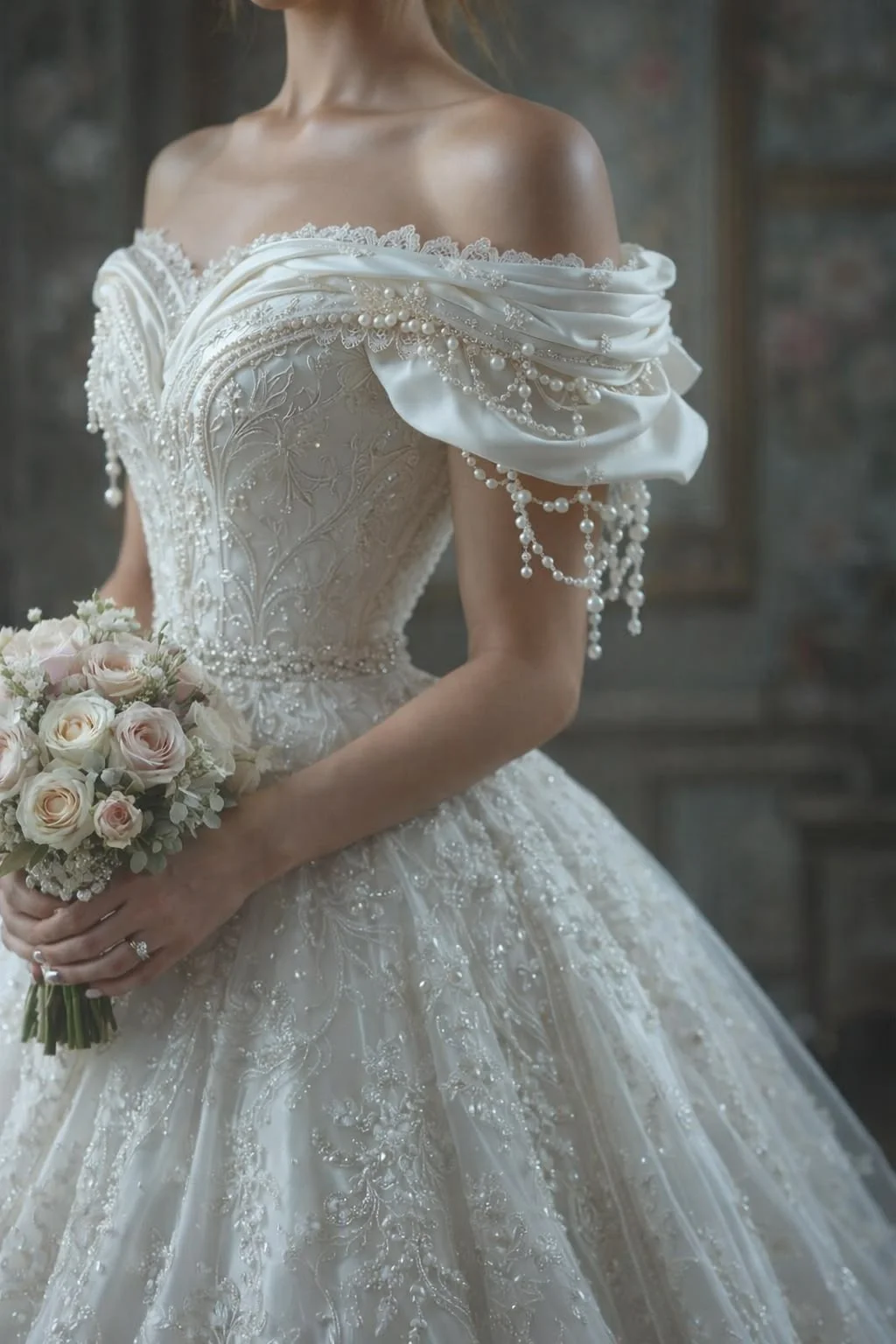 Elegant And Shiny A-Line Lace Bead Decoration Women's Off Shoulder Wedding Dress Waist Belt Trailing Bridal Gown Customized