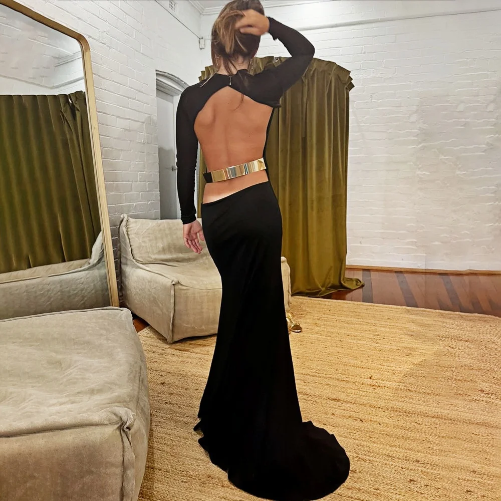 Apprabant-maxivestido de noche metálico elegante para mujer, vestido de fiesta Formal ajustado liso con cuello redondo y espalda descubierta, manga larga