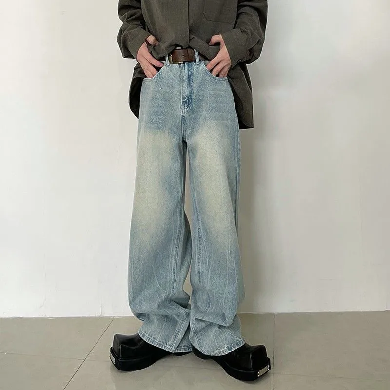 Light Blue Retro Men's Clothing Jeans Y2K Wash Wide-leg Pants Loose Fashion Trousers A066