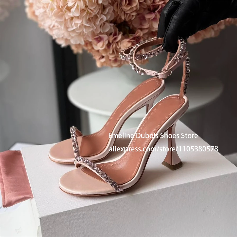 

Rhinestone Satin Sandals Irregualr High Heels Open Round Toe Ankle Buckle Strap Dance Party Dress Shoes for Women Custom Color