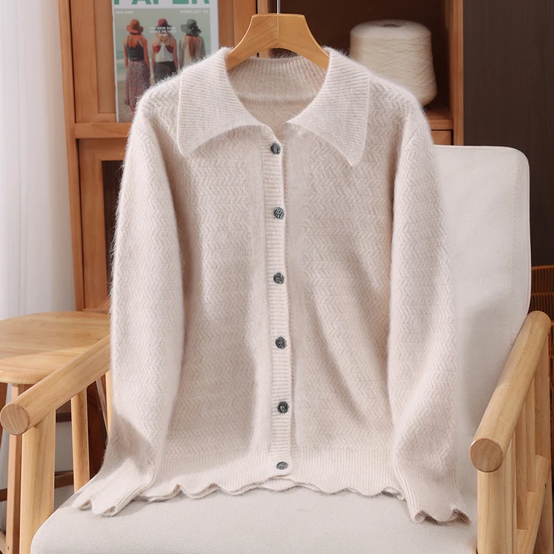 

New Women 100% Mink Cashmere Sweater Turn-Down Collar Buttons Cardigan Wave Bottom Autumn Winter Mink Cashmere Knitwear Soft Top