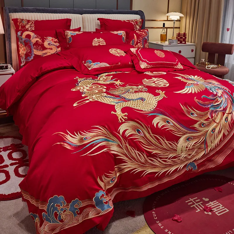 Luxury Chinese Wedding Gold Dragon Phoenix Embroidery Red Egyptian Cotton Bedding Sets Duvet Cover Bed Sheet Linen Pillowcases