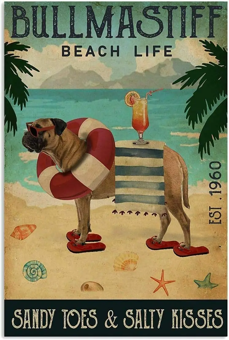 Vintage Beach Cocktail Life Bullmastiff Art Prints Home Decoration Gift Poster Metal Sign Poster Sign 8x12 inch