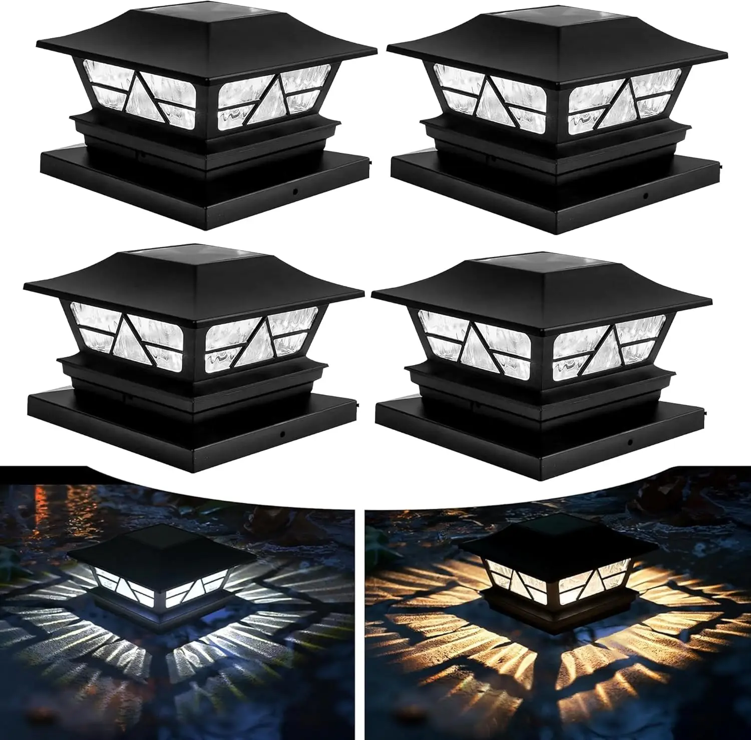 

4 Pack Solar Outdoor Fence Post Lights, 2 Modes Waterproof Color Changing Warm White/Cool White, for 4x4 5x5 6x6 Wooden Posts