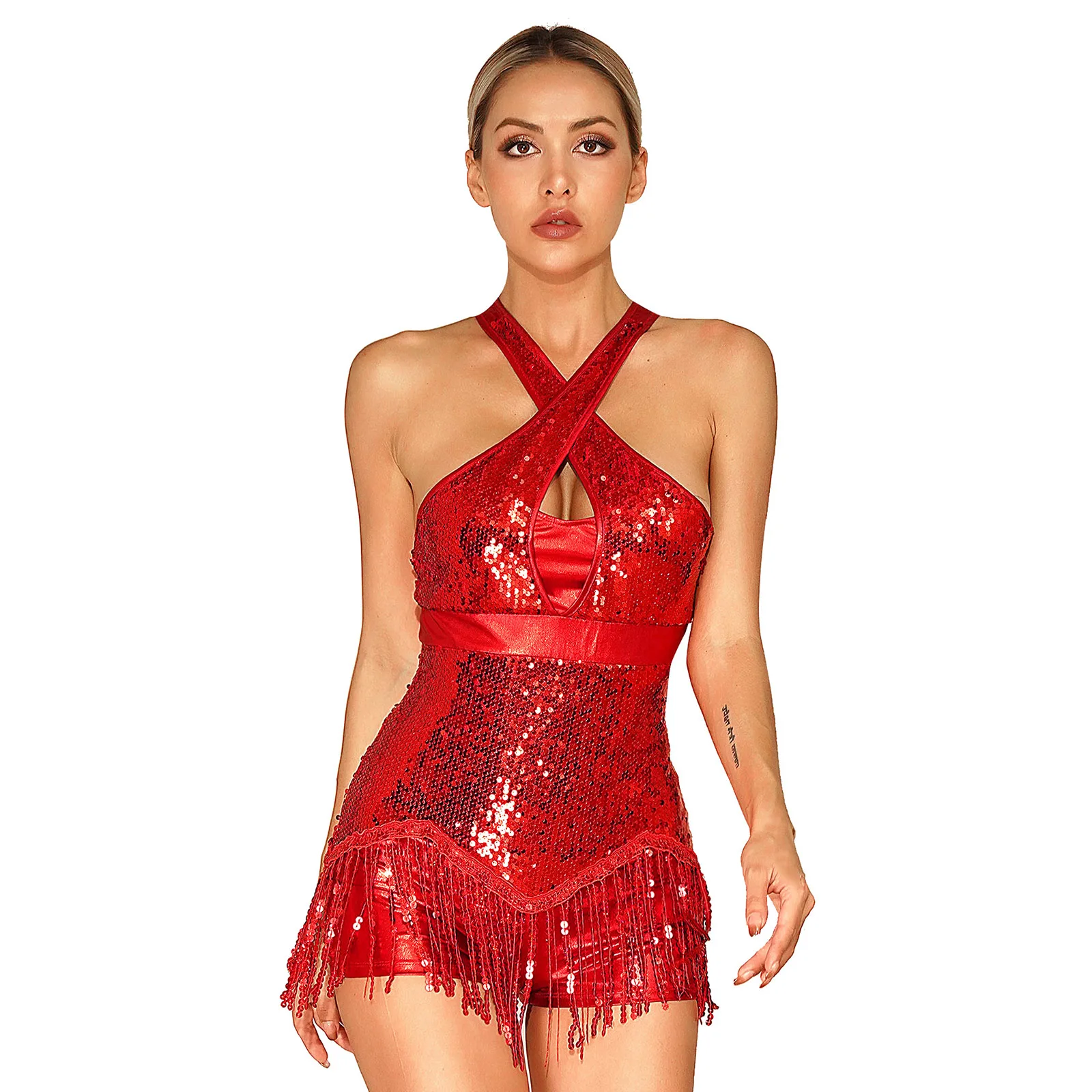 

Womens Sequins Tassel Latin Dance Dress Camisole Leotard Cha-Cha Salsa Performance Skating Fringed Bodysuit Party Dancewear